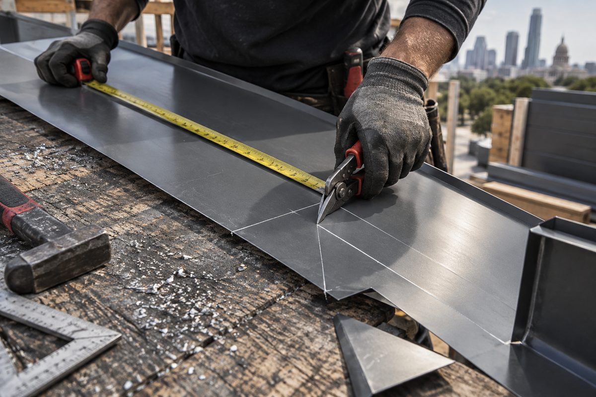 A metal roofing panel being measured and cut on a work bench