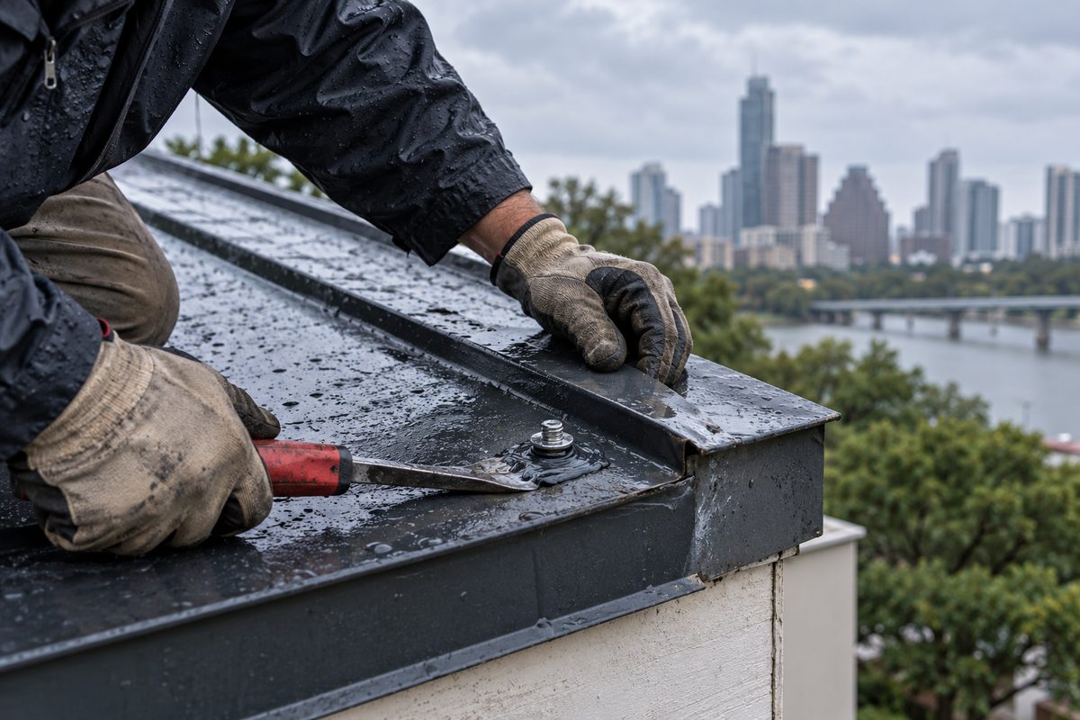 A small weather-related repair at a wet metal roof edge